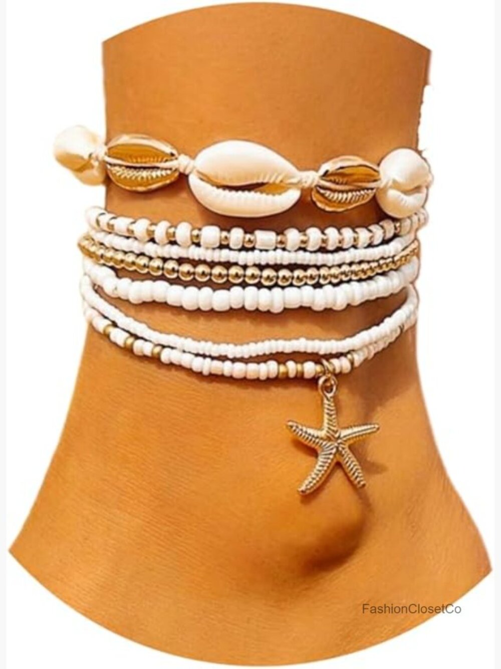 7 Pcs Layered Cowrie Shell & Beaded Ankle Bracelets with Starfish Charm, - Picture 1 of 7